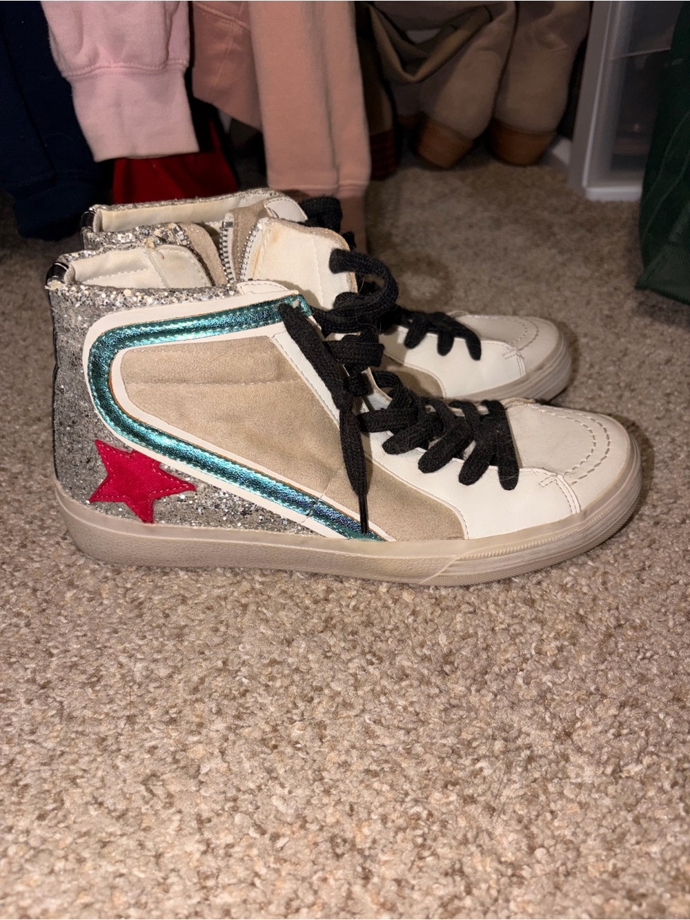 ShuShop White and Tan High-Top Sneakers with Black Laces